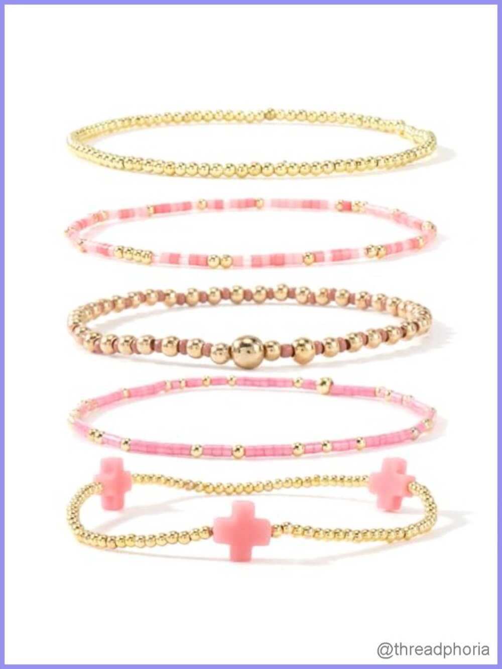 14K Gold Plated Beaded Stretch Bracelets Stack Set of 5 Boho Cross Christian